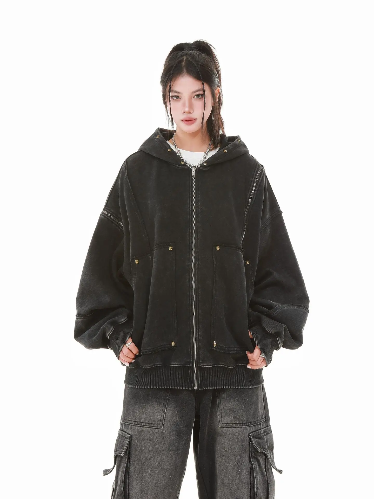 Gothic Women Coats with Hoodies American Y2K Retro Harajuku Washed Rivet Zipper Jacket New Autumn Men Hip-hop Hooded Sweatshirt