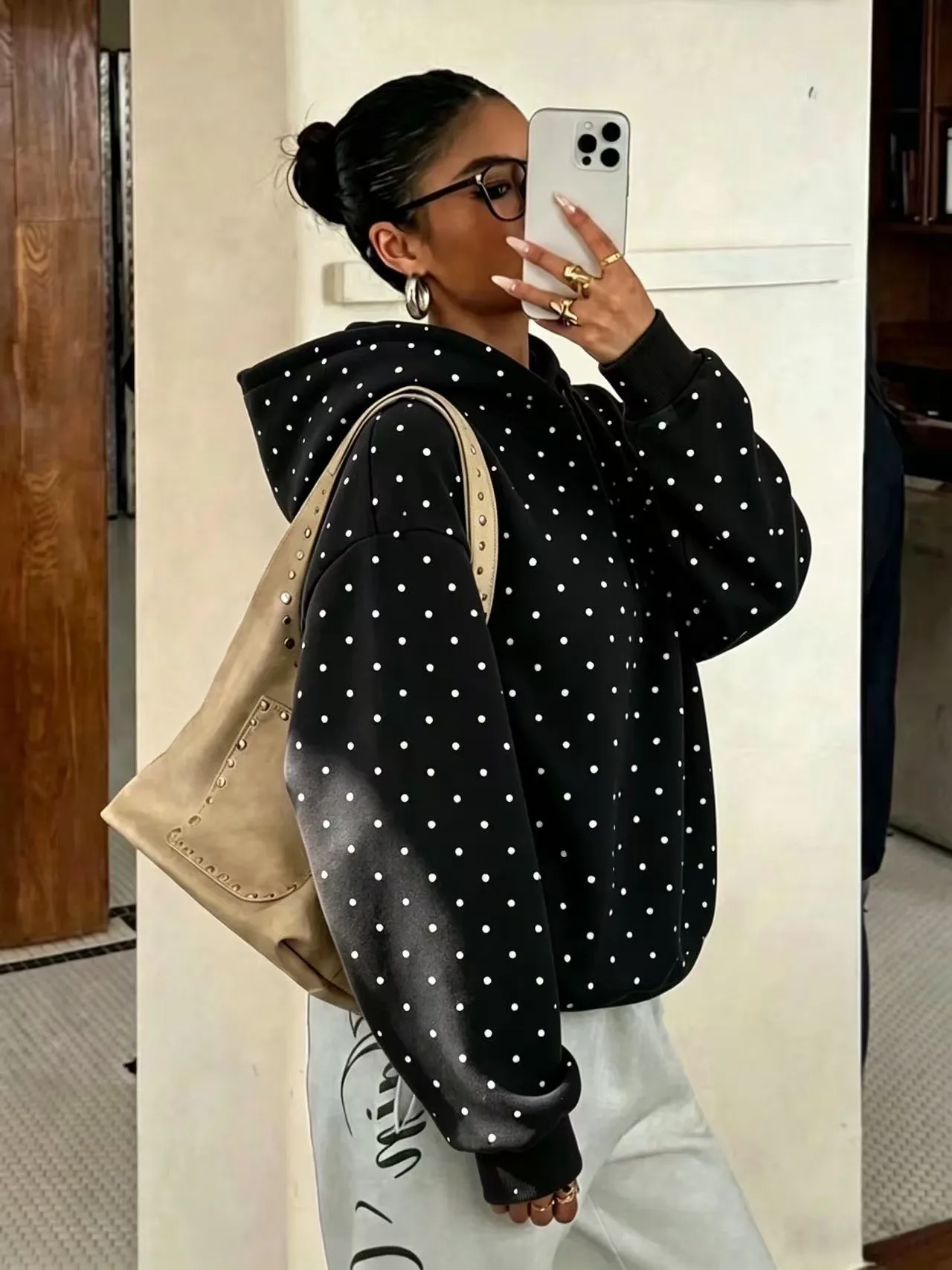 Hooded Printed Hoodie Loose Fit Streetwear with Regular Length Polka Dot Digital Print Hooded Neckline Casual Thick Women Hoodie