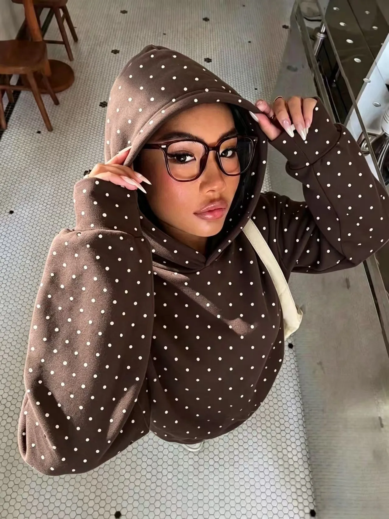 Hooded Printed Hoodie Loose Fit Streetwear with Regular Length Polka Dot Digital Print Hooded Neckline Casual Thick Women Hoodie