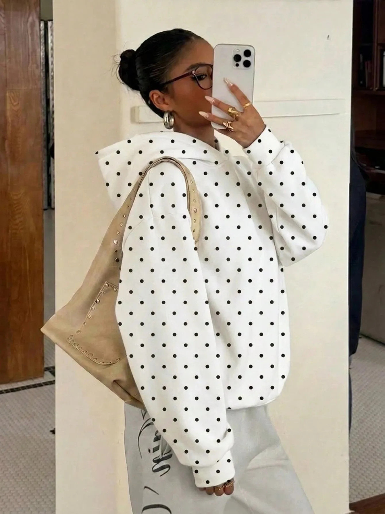 Hooded Printed Hoodie Loose Fit Streetwear with Regular Length Polka Dot Digital Print Hooded Neckline Casual Thick Women Hoodie