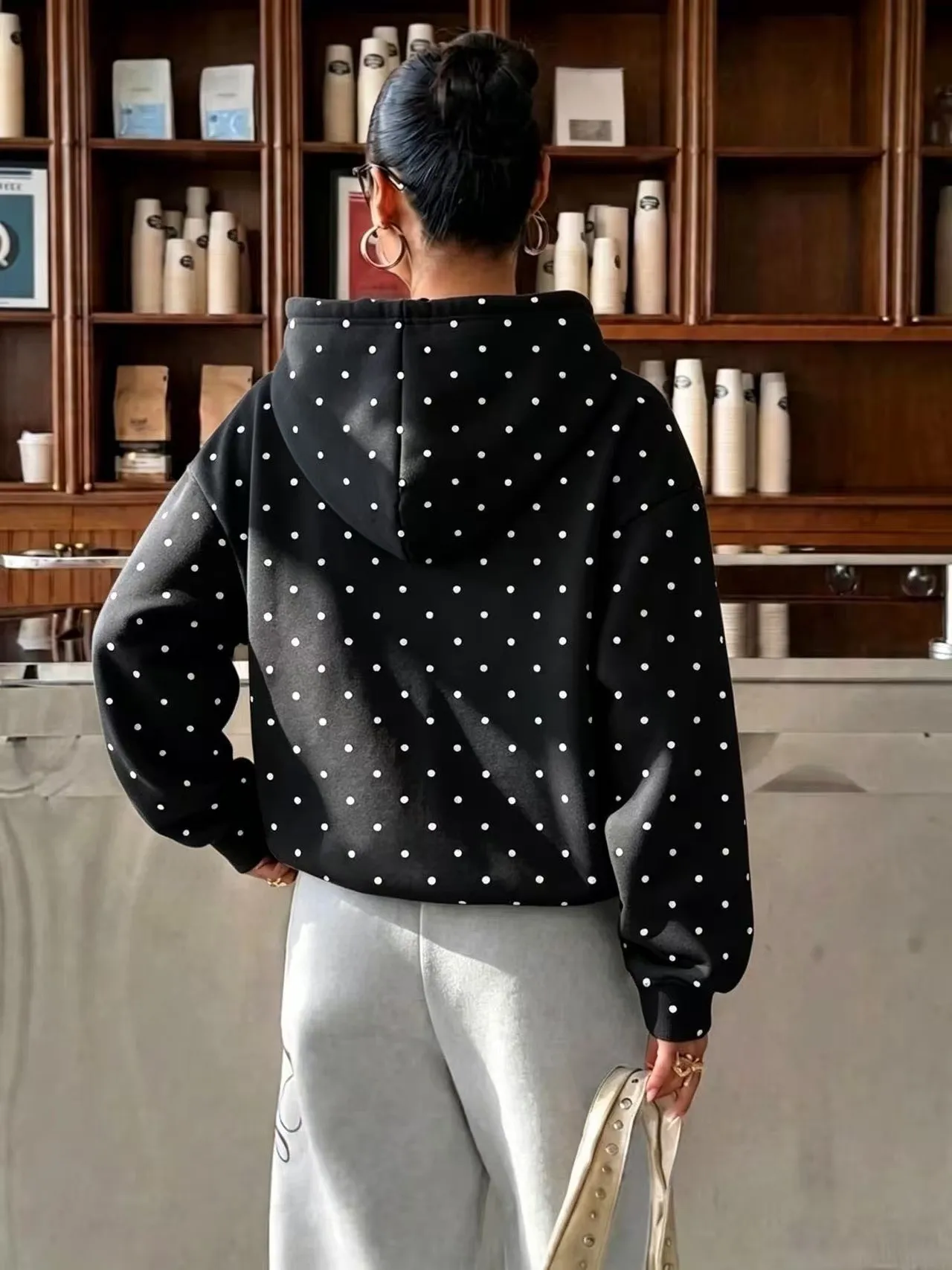Hooded Printed Hoodie Loose Fit Streetwear with Regular Length Polka Dot Digital Print Hooded Neckline Casual Thick Women Hoodie