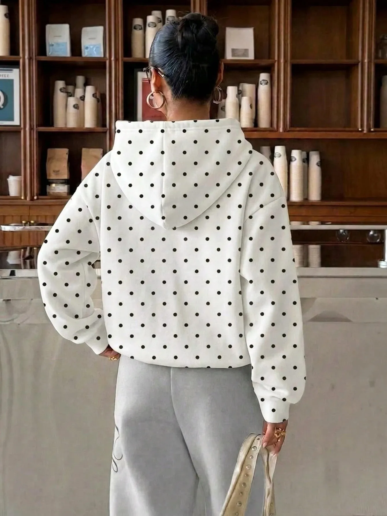 Hooded Printed Hoodie Loose Fit Streetwear with Regular Length Polka Dot Digital Print Hooded Neckline Casual Thick Women Hoodie