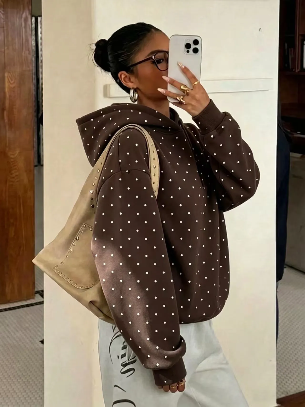 Hooded Printed Hoodie Loose Fit Streetwear with Regular Length Polka Dot Digital Print Hooded Neckline Casual Thick Women Hoodie