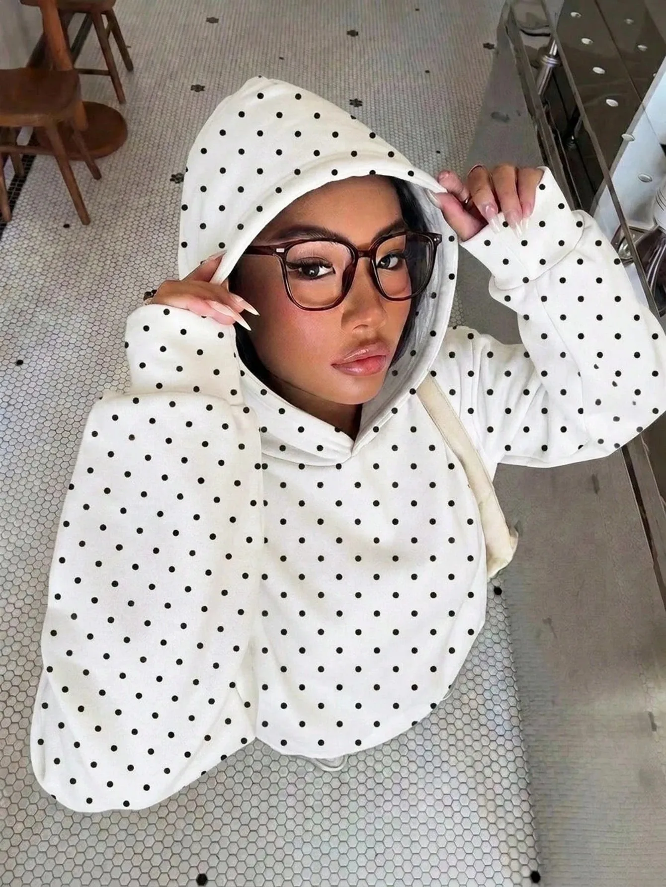 Hooded Printed Hoodie Loose Fit Streetwear with Regular Length Polka Dot Digital Print Hooded Neckline Casual Thick Women Hoodie