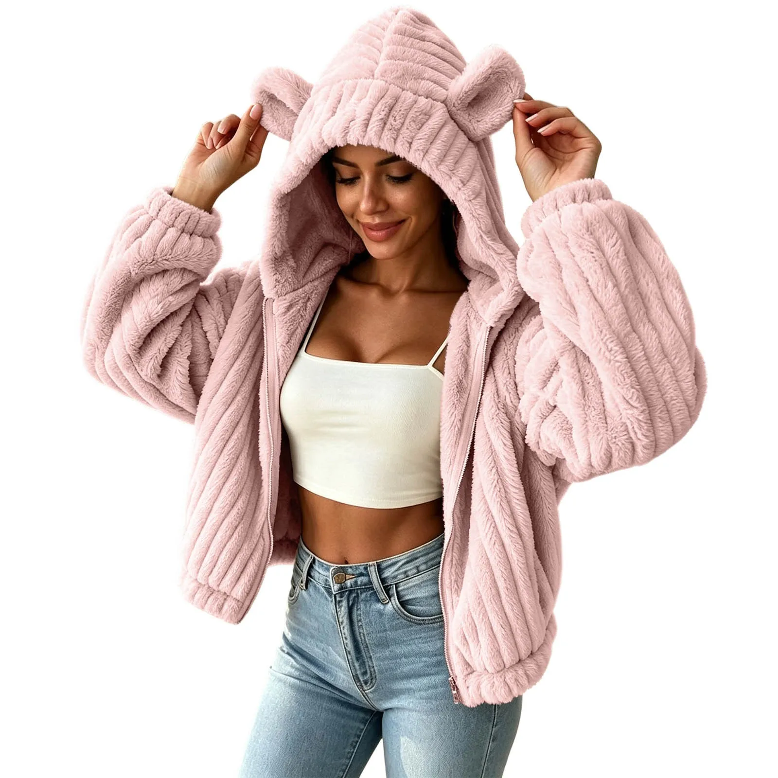 Fuzzy Fleece Zip Up Hoodies Women Cute Bear Oversized Hooded Sweatshirts Winter Plush Jackets Cute Funny Casual Hoodies Outwear