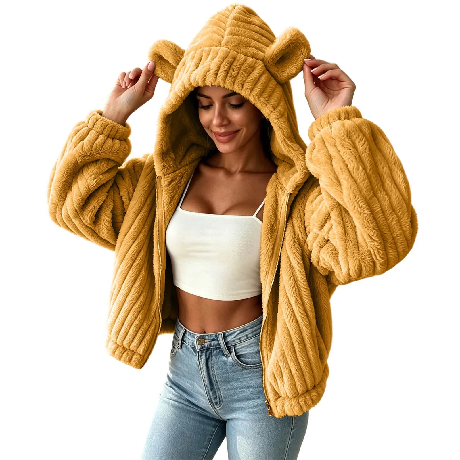 Fuzzy Fleece Zip Up Hoodies Women Cute Bear Oversized Hooded Sweatshirts Winter Plush Jackets Cute Funny Casual Hoodies Outwear