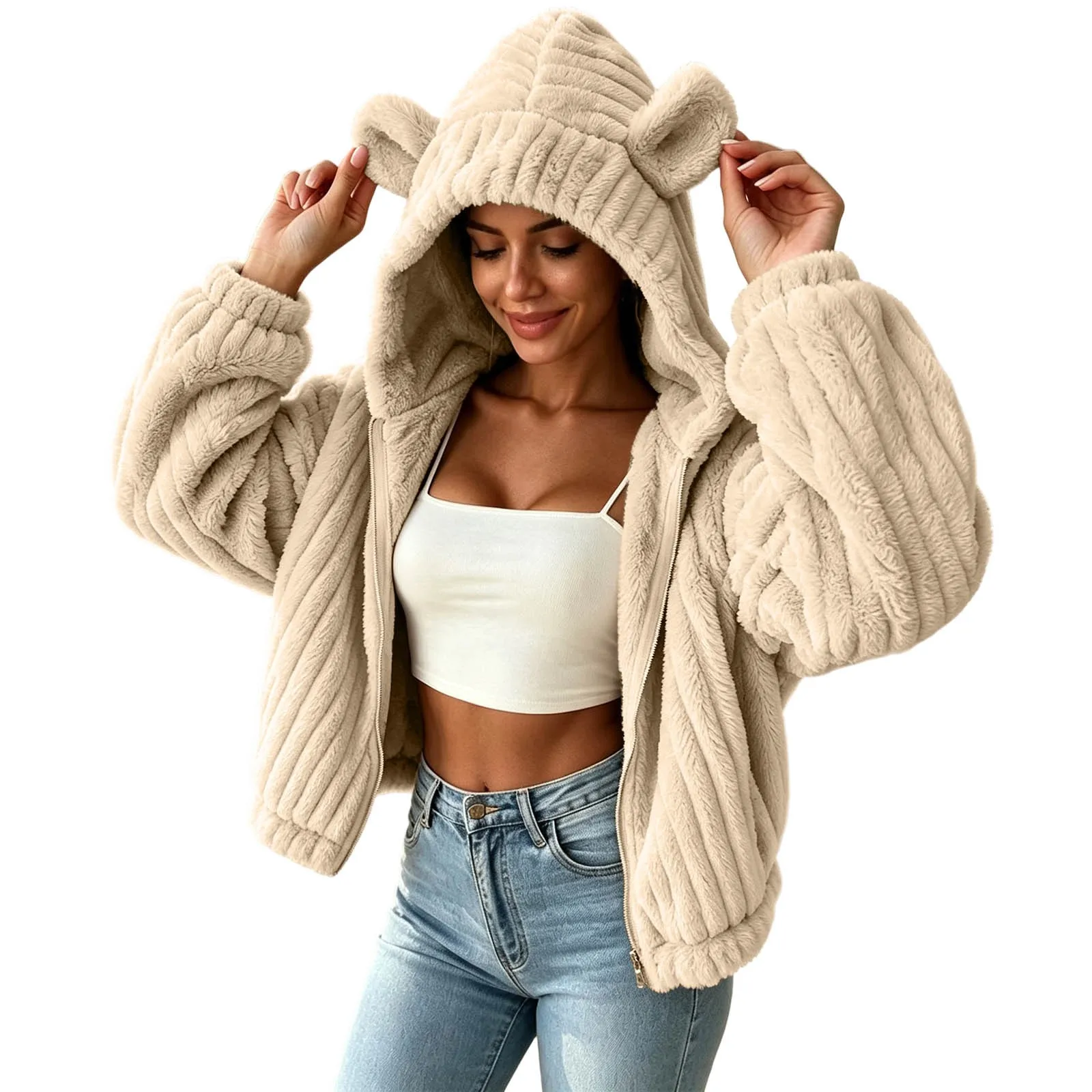 Fuzzy Fleece Zip Up Hoodies Women Cute Bear Oversized Hooded Sweatshirts Winter Plush Jackets Cute Funny Casual Hoodies Outwear