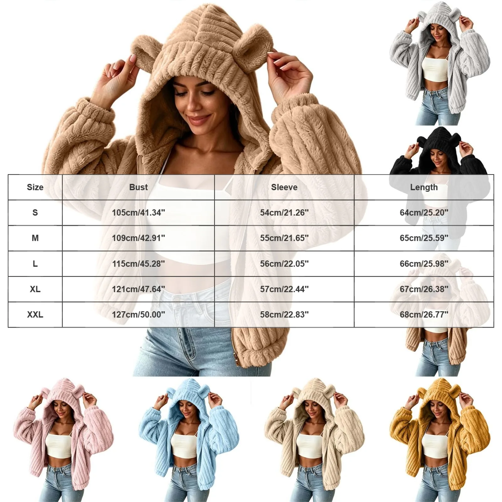 Fuzzy Fleece Zip Up Hoodies Women Cute Bear Oversized Hooded Sweatshirts Winter Plush Jackets Cute Funny Casual Hoodies Outwear