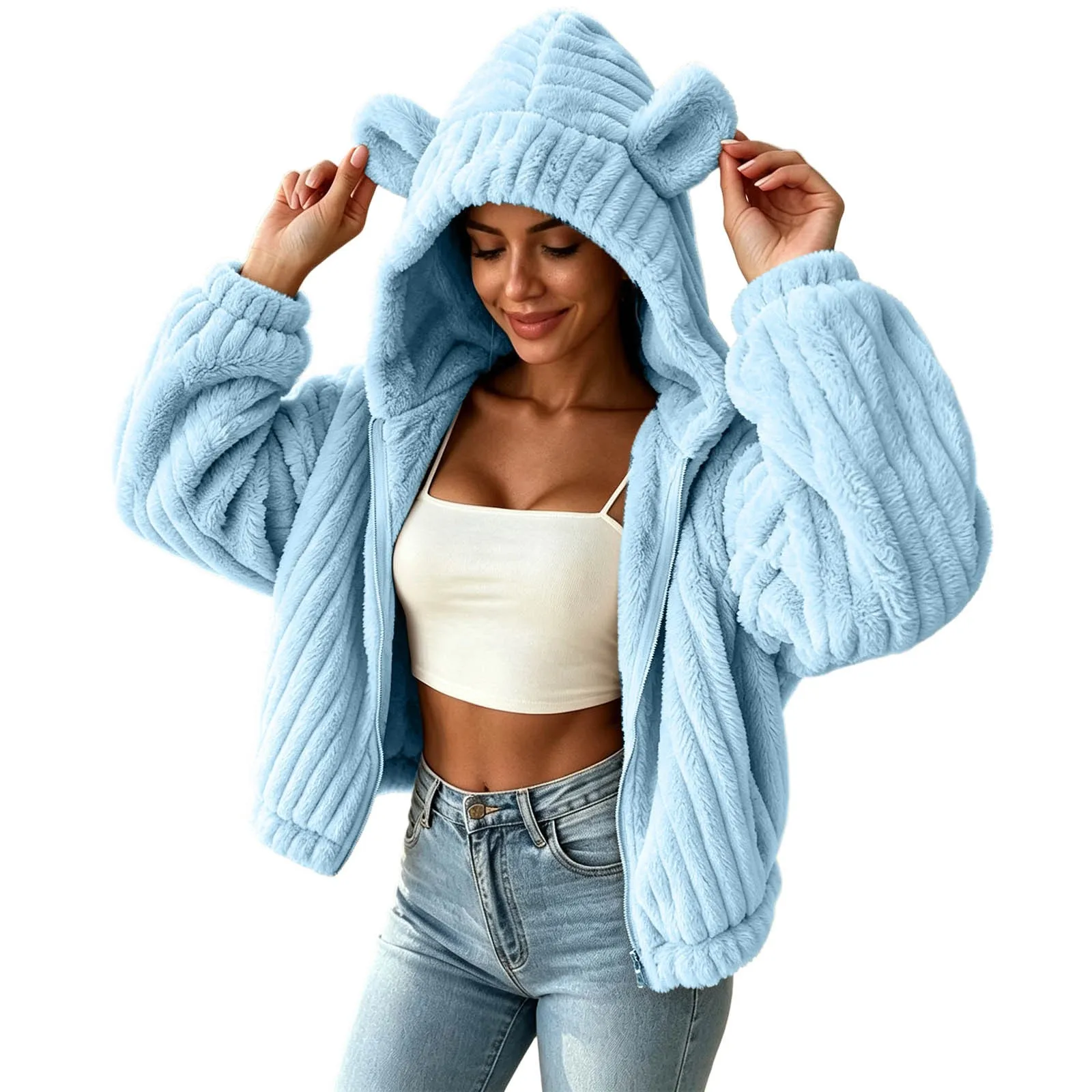 Fuzzy Fleece Zip Up Hoodies Women Cute Bear Oversized Hooded Sweatshirts Winter Plush Jackets Cute Funny Casual Hoodies Outwear