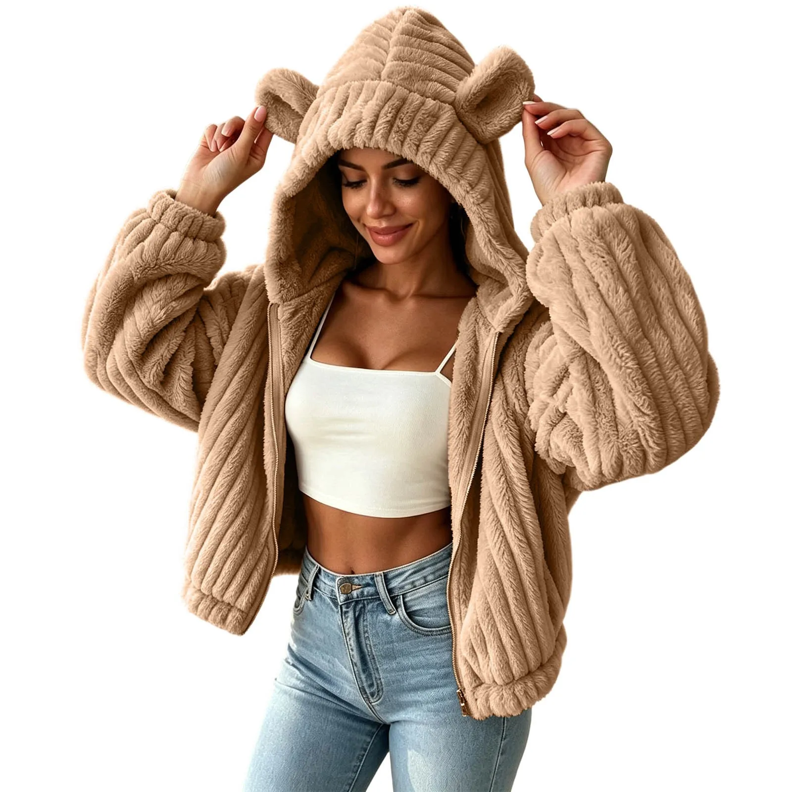 Fuzzy Fleece Zip Up Hoodies Women Cute Bear Oversized Hooded Sweatshirts Winter Plush Jackets Cute Funny Casual Hoodies Outwear
