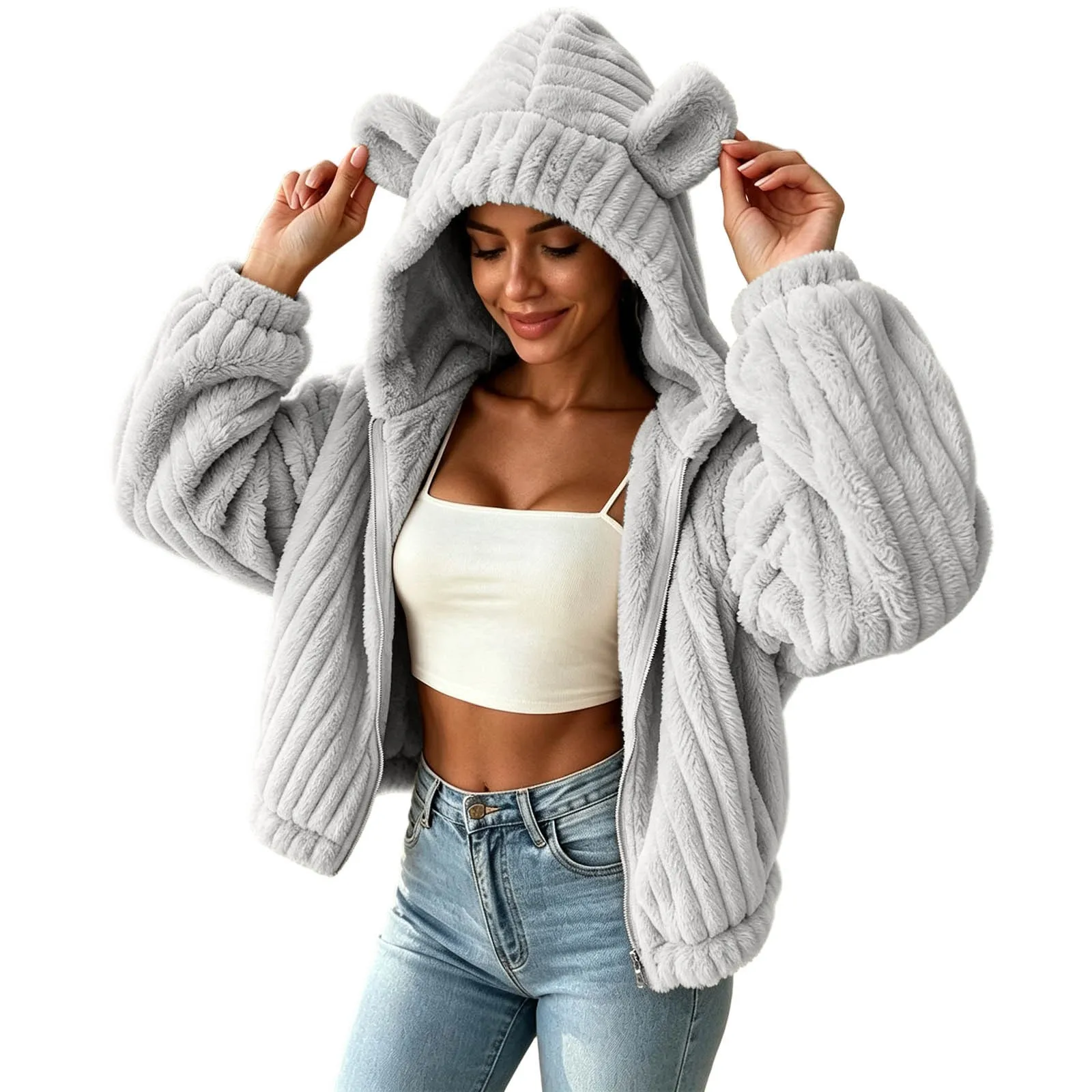 Fuzzy Fleece Zip Up Hoodies Women Cute Bear Oversized Hooded Sweatshirts Winter Plush Jackets Cute Funny Casual Hoodies Outwear