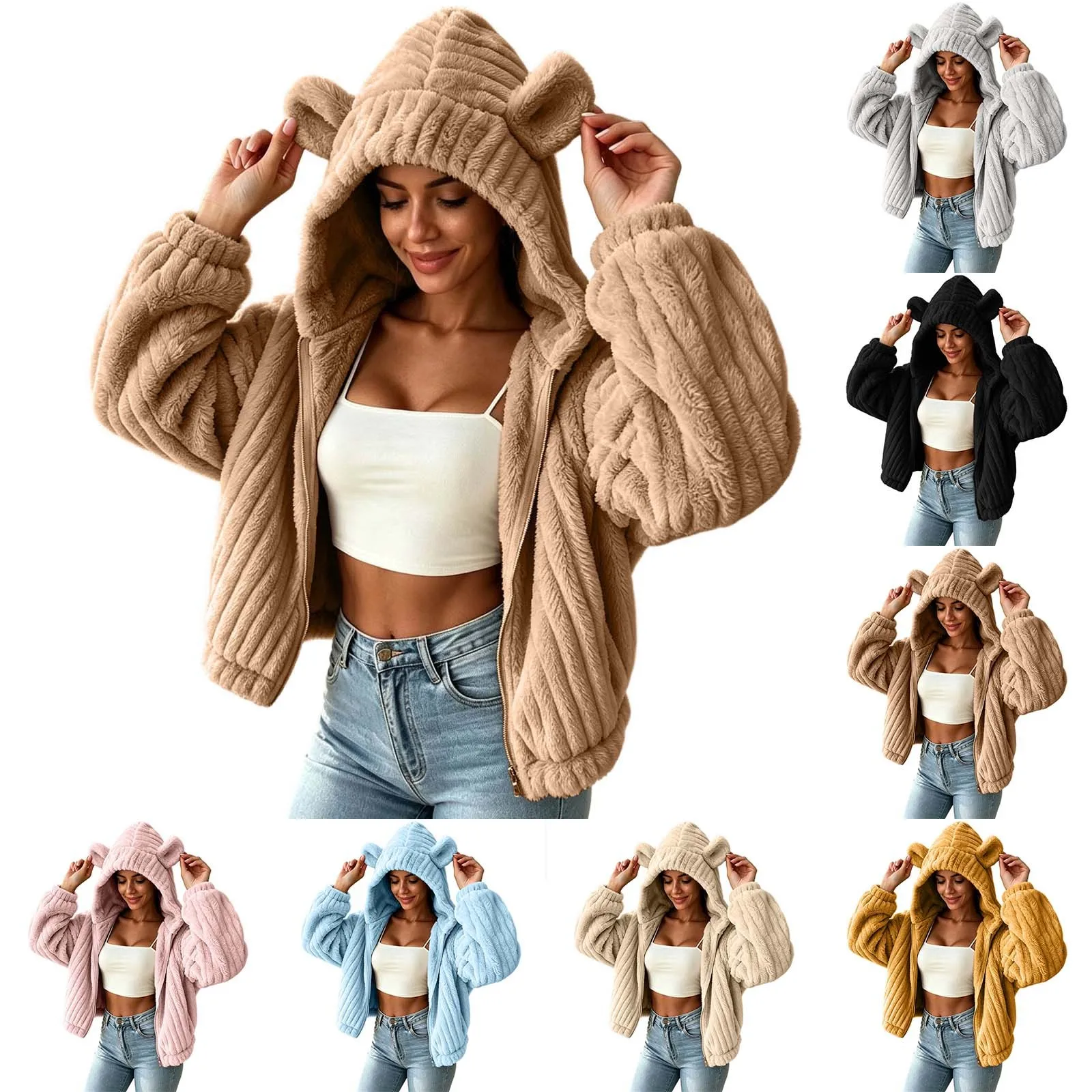 Fuzzy Fleece Zip Up Hoodies Women Cute Bear Oversized Hooded Sweatshirts Winter Plush Jackets Cute Funny Casual Hoodies Outwear