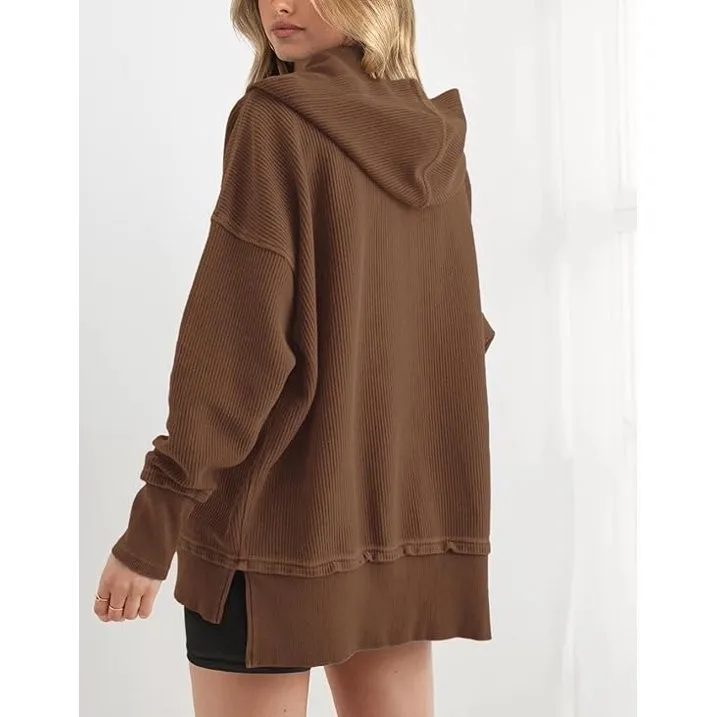 Women's Winter Clothing Loose Fit Drop Shoulder V Neck Long Sleeve Solid Macaron Color Casual Hoodie for Women and Girls