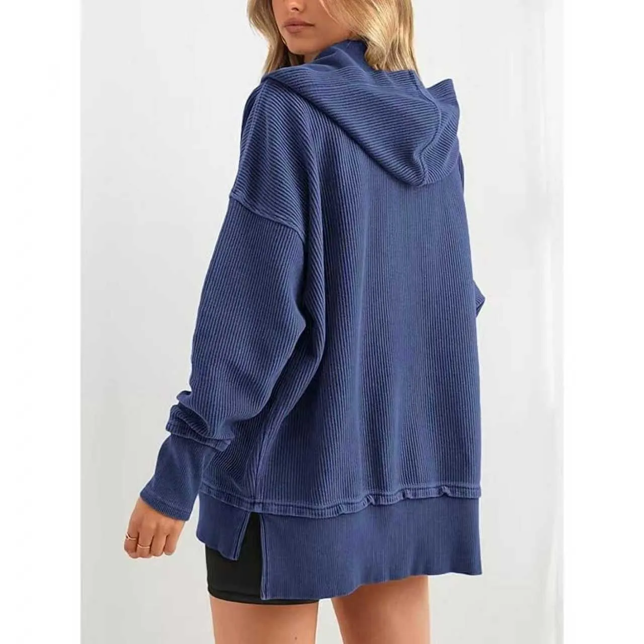 Women's Winter Clothing Loose Fit Drop Shoulder V Neck Long Sleeve Solid Macaron Color Casual Hoodie for Women and Girls