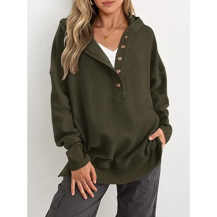 Women's Winter Clothing Loose Fit Drop Shoulder V Neck Long Sleeve Solid Macaron Color Casual Hoodie for Women and Girls
