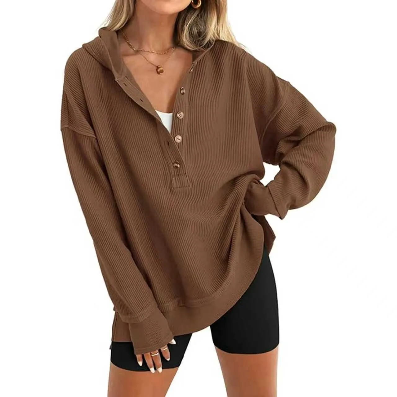 Women's Winter Clothing Loose Fit Drop Shoulder V Neck Long Sleeve Solid Macaron Color Casual Hoodie for Women and Girls