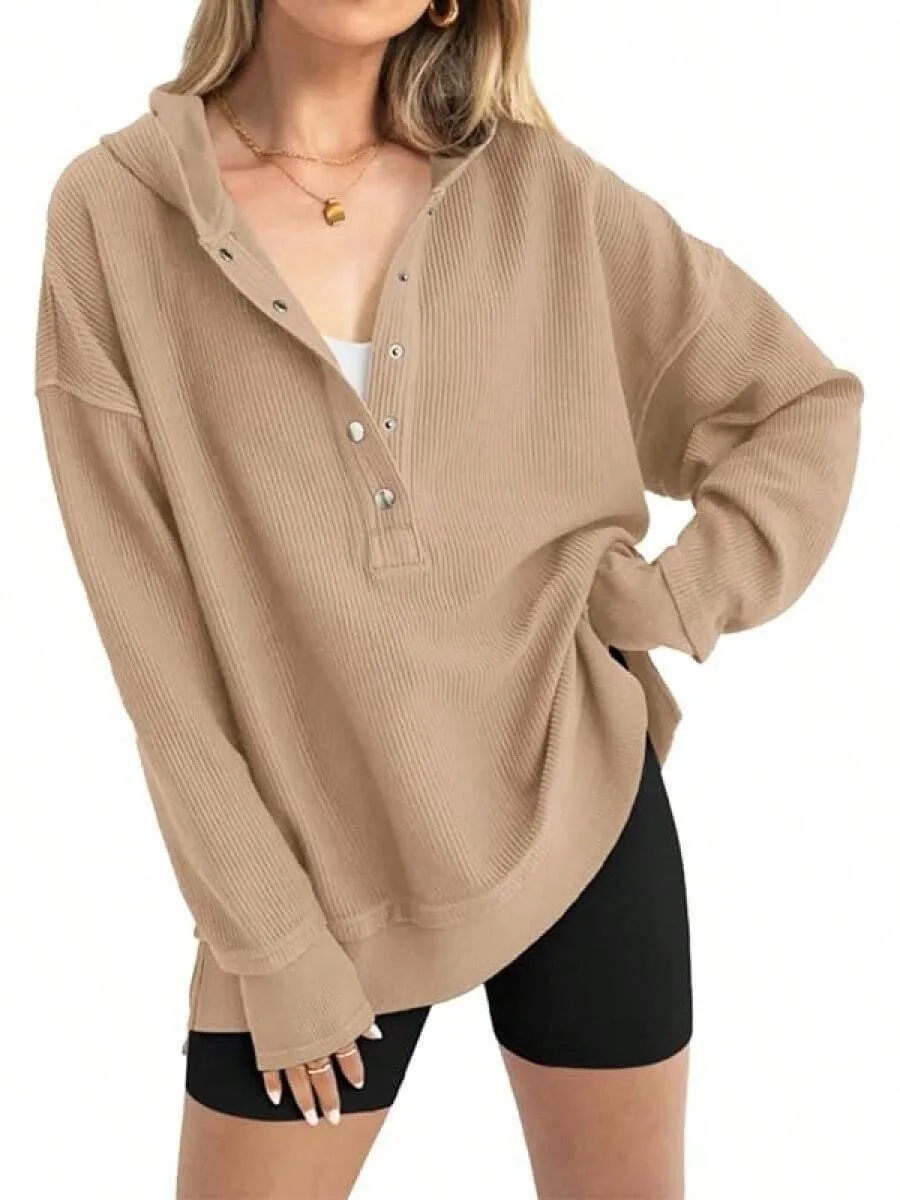 Women's Winter Clothing Loose Fit Drop Shoulder V Neck Long Sleeve Solid Macaron Color Casual Hoodie for Women and Girls