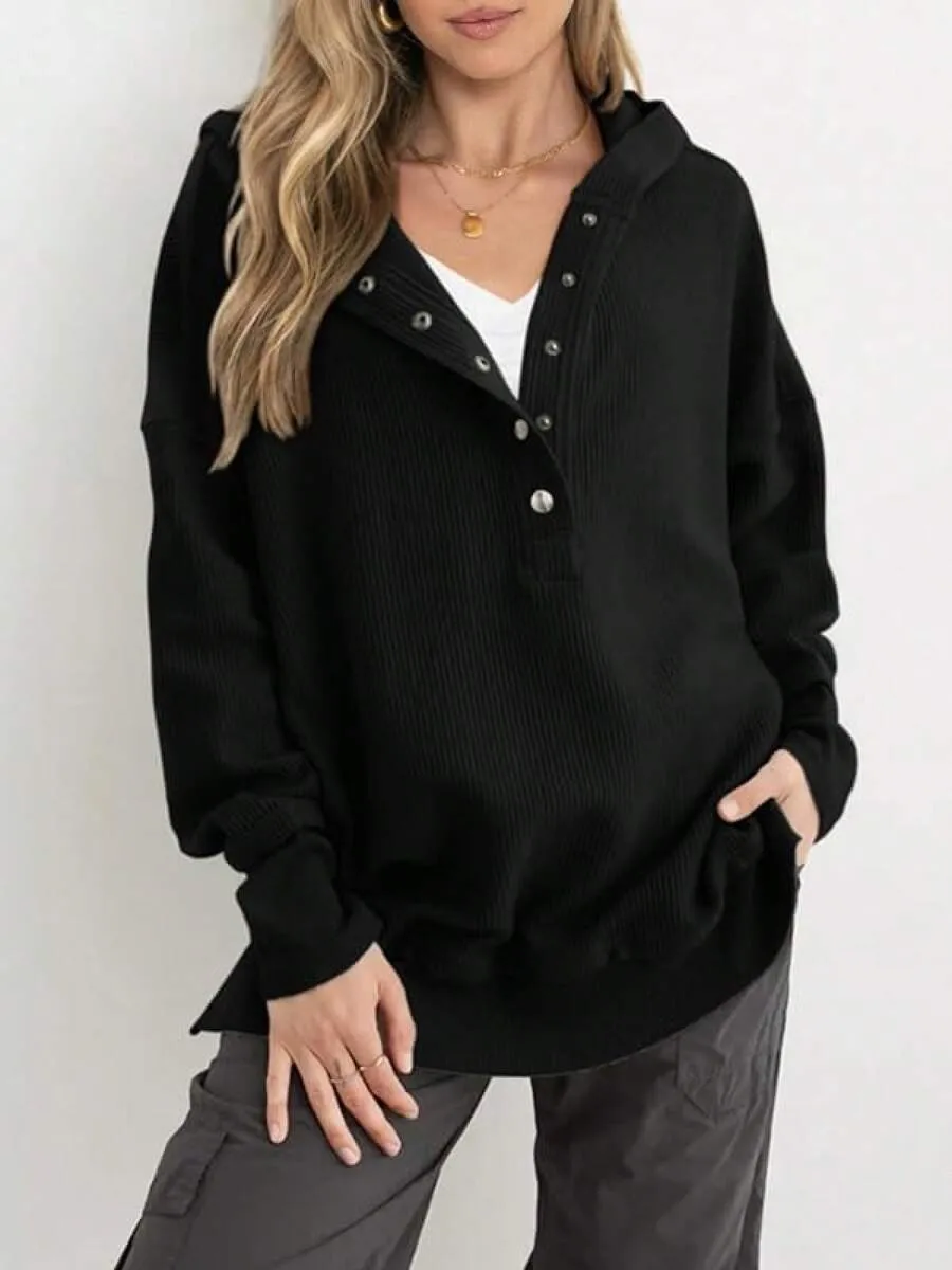 Women's Winter Clothing Loose Fit Drop Shoulder V Neck Long Sleeve Solid Macaron Color Casual Hoodie for Women and Girls