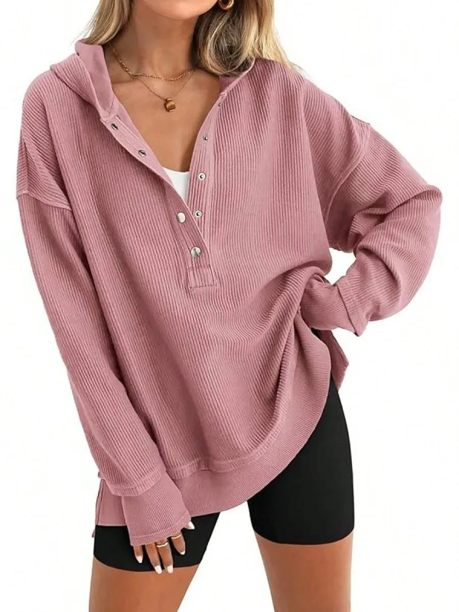 Women's Winter Clothing Loose Fit Drop Shoulder V Neck Long Sleeve Solid Macaron Color Casual Hoodie for Women and Girls