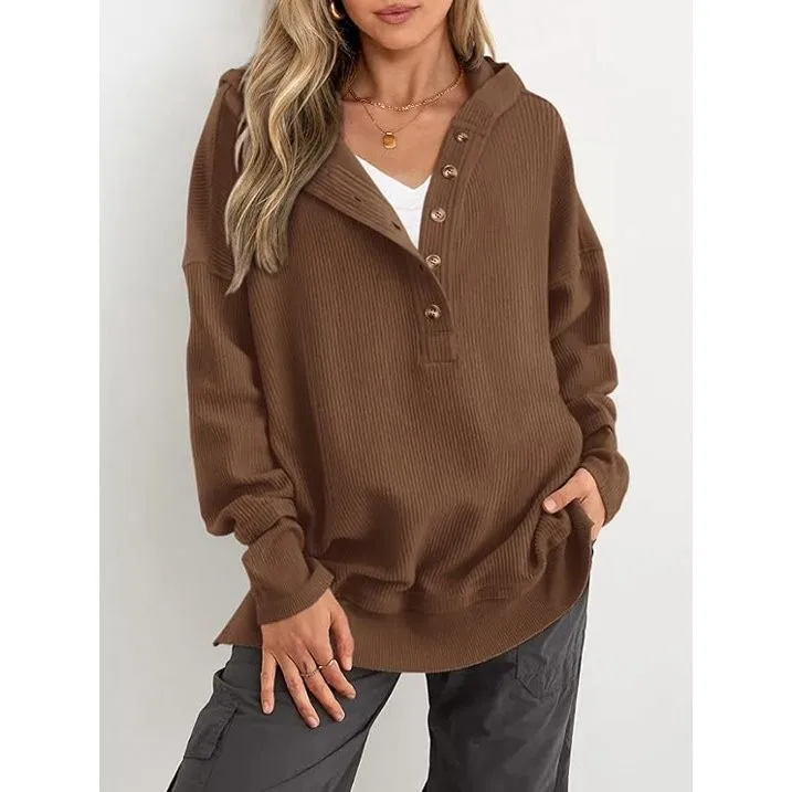 Women's Winter Clothing Loose Fit Drop Shoulder V Neck Long Sleeve Solid Macaron Color Casual Hoodie for Women and Girls