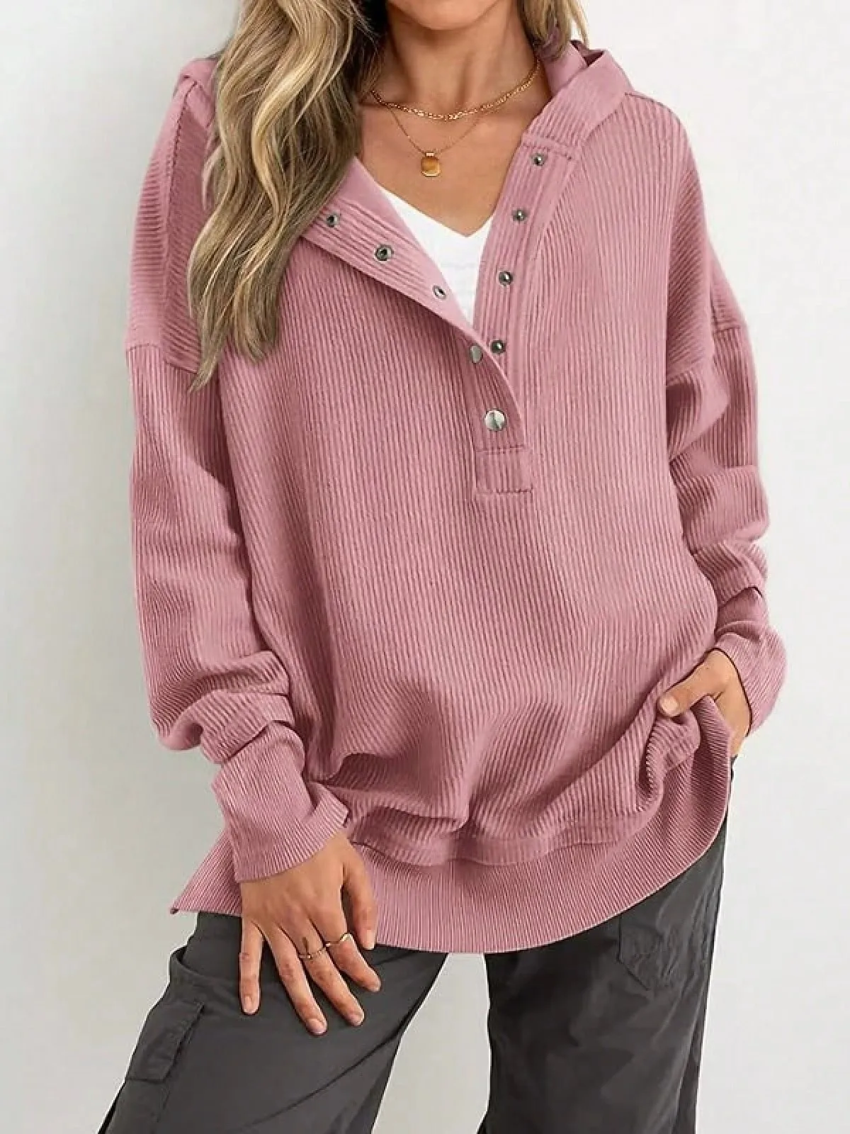 Women's Winter Clothing Loose Fit Drop Shoulder V Neck Long Sleeve Solid Macaron Color Casual Hoodie for Women and Girls