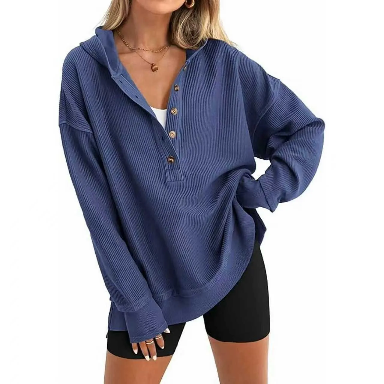 Women's Winter Clothing Loose Fit Drop Shoulder V Neck Long Sleeve Solid Macaron Color Casual Hoodie for Women and Girls