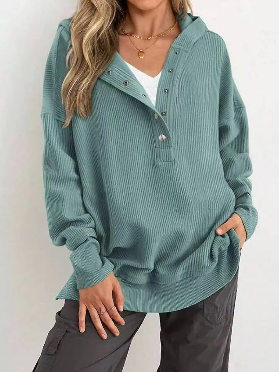 Women's Winter Clothing Loose Fit Drop Shoulder V Neck Long Sleeve Solid Macaron Color Casual Hoodie for Women and Girls