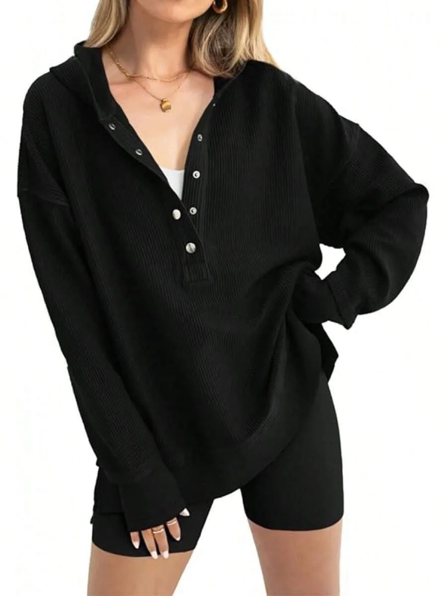 Women's Winter Clothing Loose Fit Drop Shoulder V Neck Long Sleeve Solid Macaron Color Casual Hoodie for Women and Girls