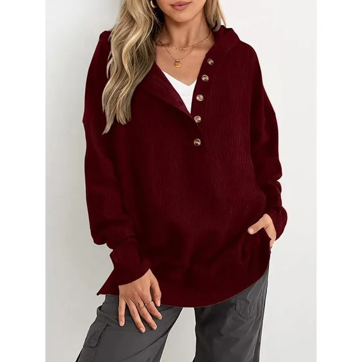 Women's Winter Clothing Loose Fit Drop Shoulder V Neck Long Sleeve Solid Macaron Color Casual Hoodie for Women and Girls