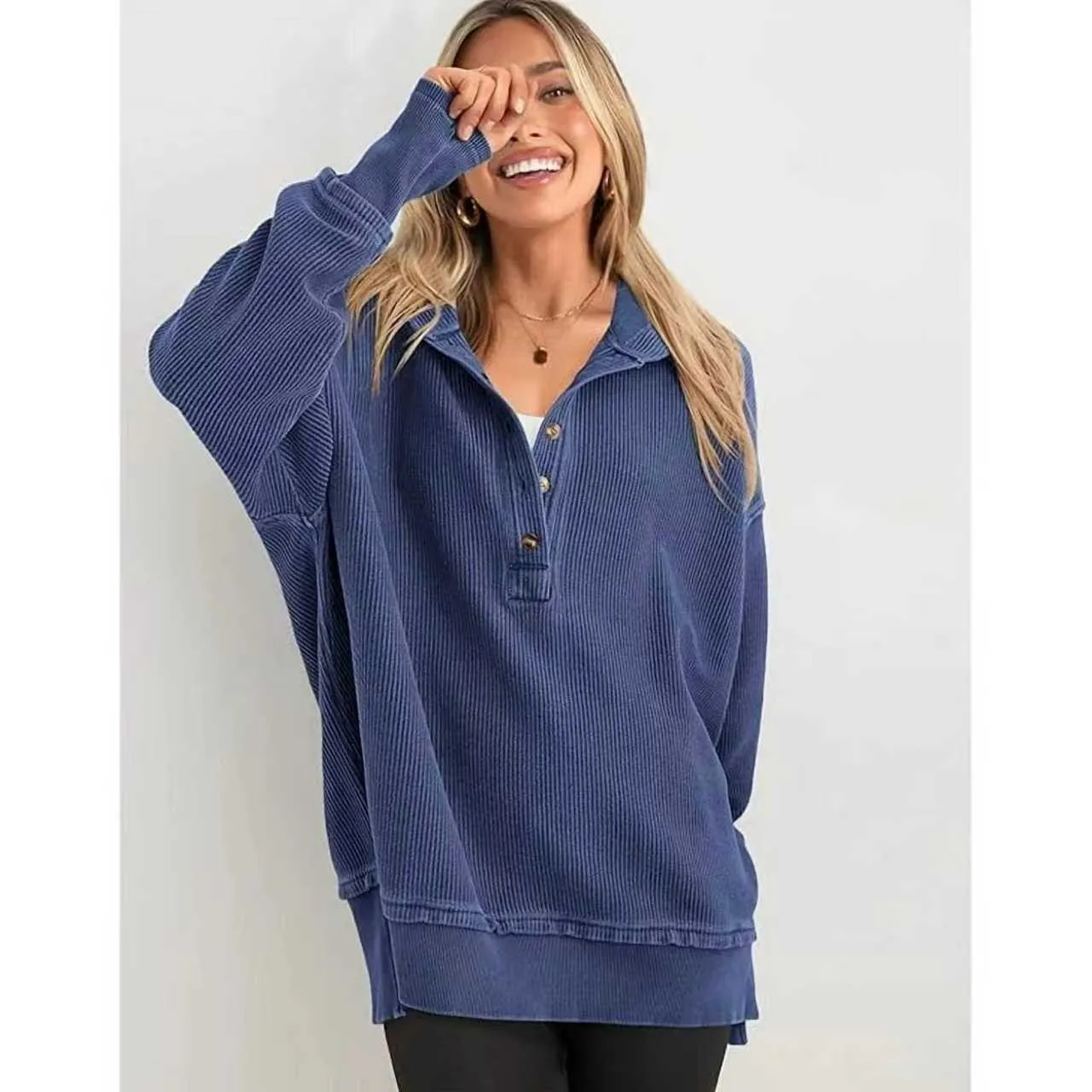 Women's Winter Clothing Loose Fit Drop Shoulder V Neck Long Sleeve Solid Macaron Color Casual Hoodie for Women and Girls