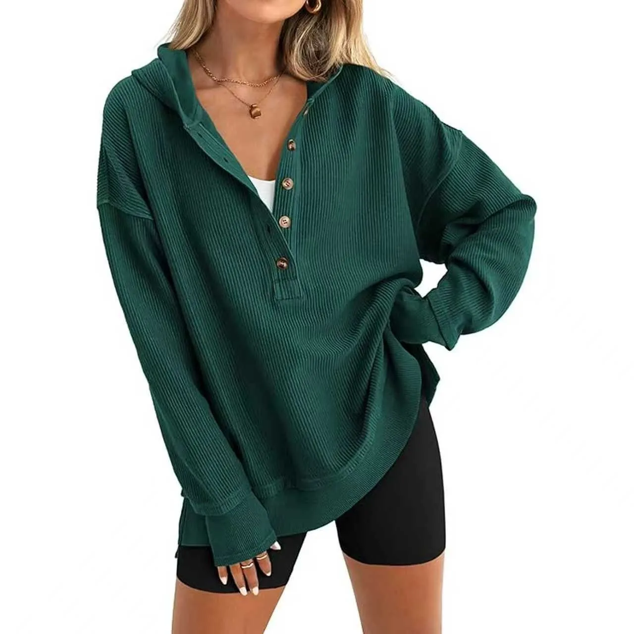 Women's Winter Clothing Loose Fit Drop Shoulder V Neck Long Sleeve Solid Macaron Color Casual Hoodie for Women and Girls