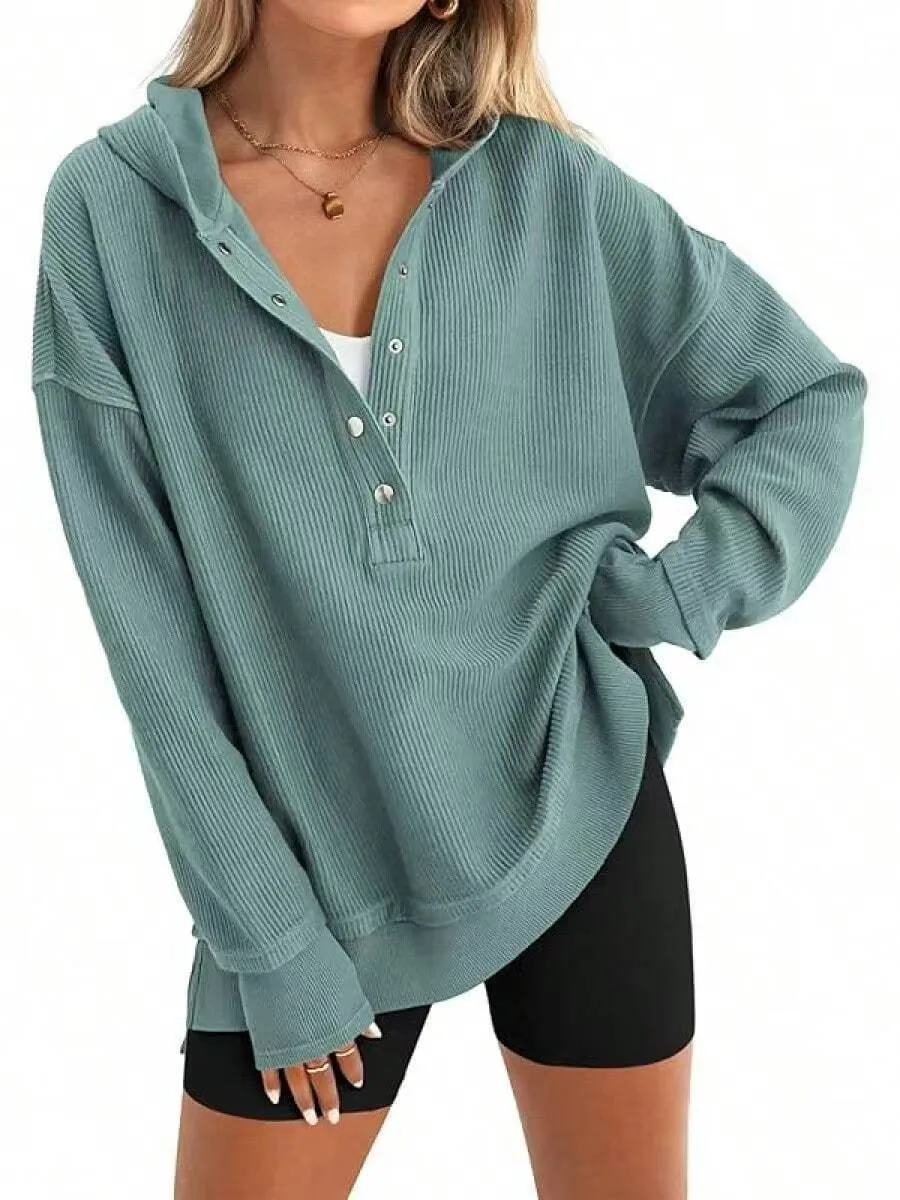 Women's Winter Clothing Loose Fit Drop Shoulder V Neck Long Sleeve Solid Macaron Color Casual Hoodie for Women and Girls