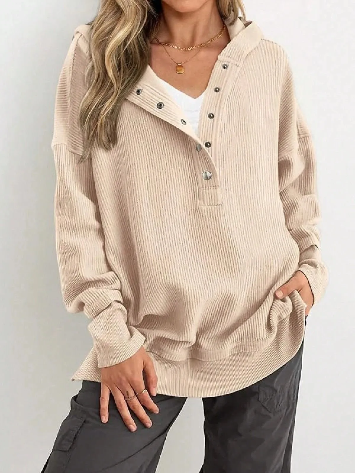 Women's Winter Clothing Loose Fit Drop Shoulder V Neck Long Sleeve Solid Macaron Color Casual Hoodie for Women and Girls