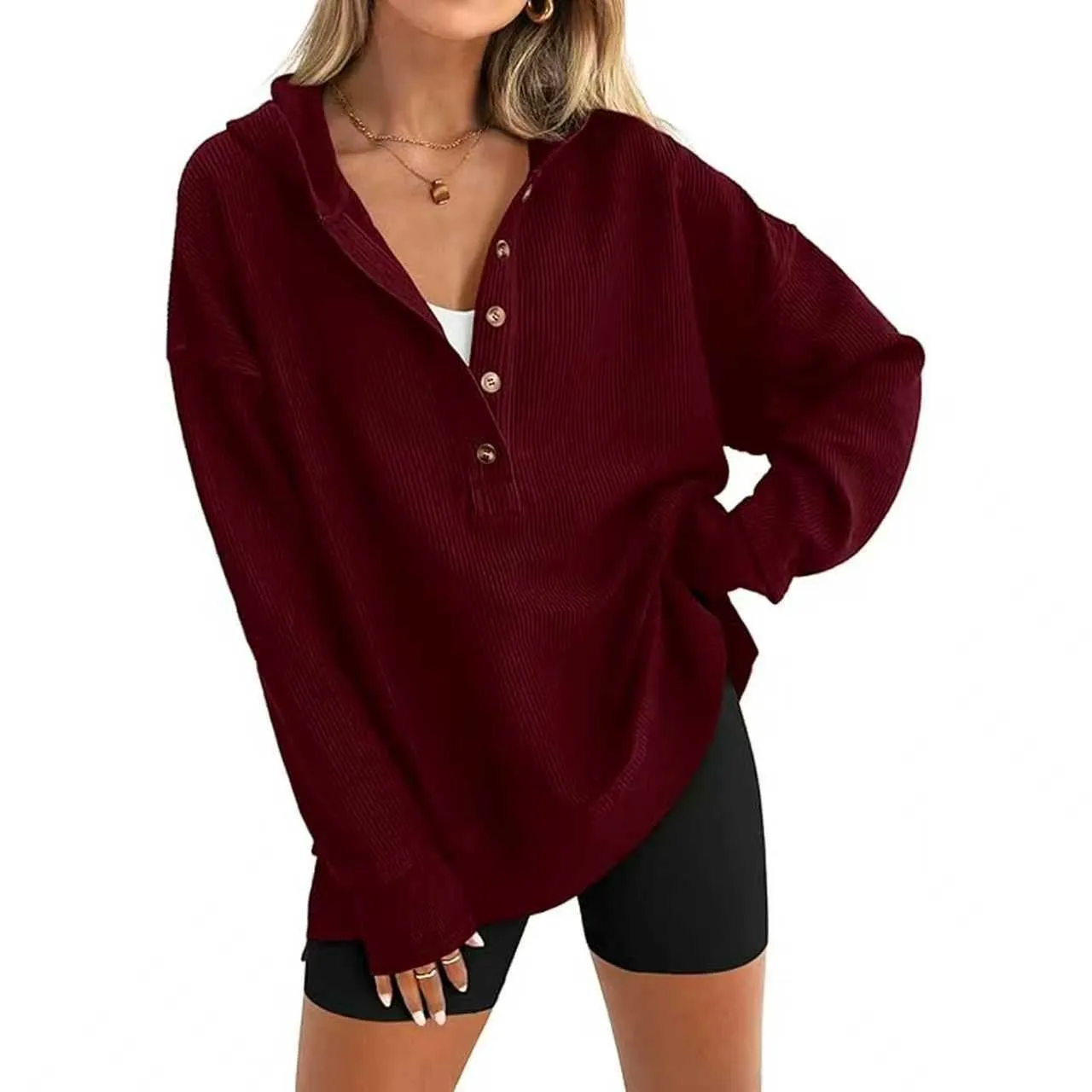 Women's Winter Clothing Loose Fit Drop Shoulder V Neck Long Sleeve Solid Macaron Color Casual Hoodie for Women and Girls