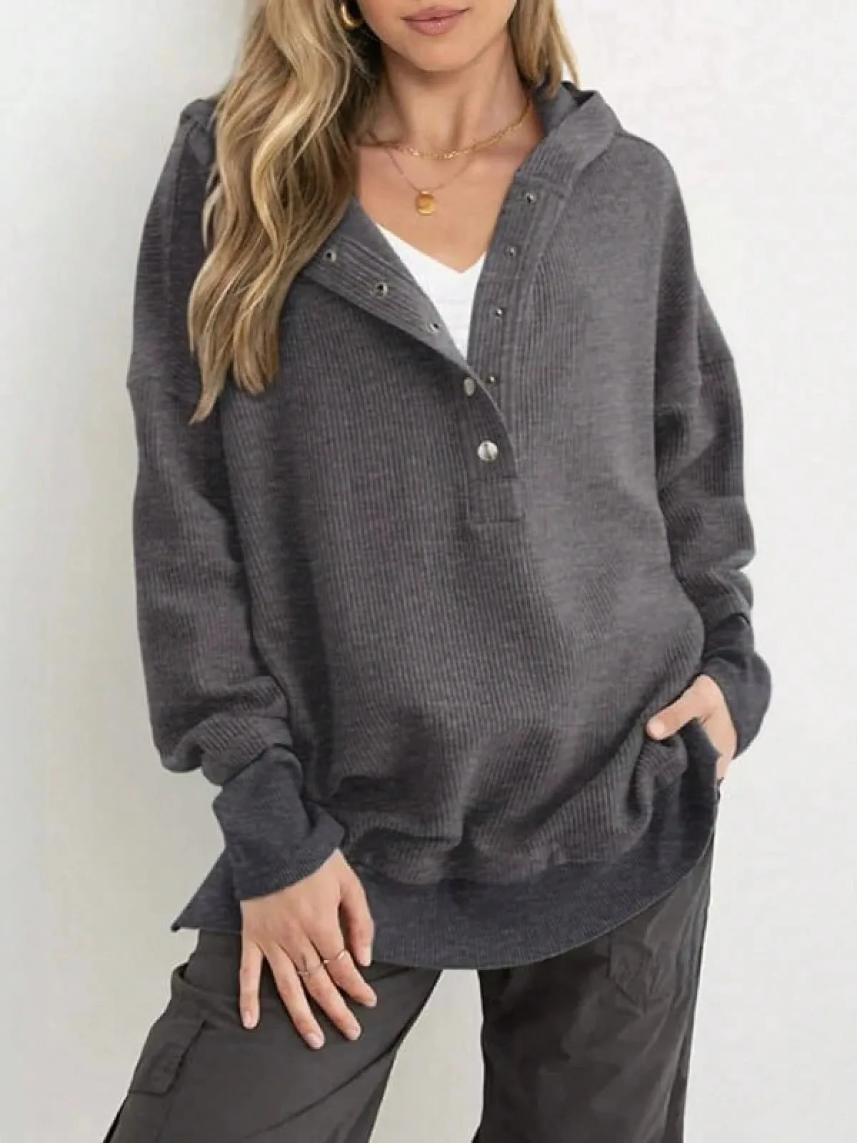 Women's Winter Clothing Loose Fit Drop Shoulder V Neck Long Sleeve Solid Macaron Color Casual Hoodie for Women and Girls