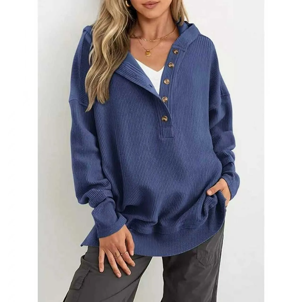 Women's Winter Clothing Loose Fit Drop Shoulder V Neck Long Sleeve Solid Macaron Color Casual Hoodie for Women and Girls