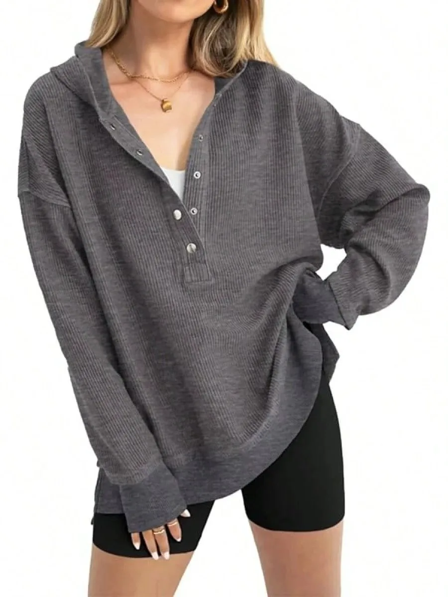 Women's Winter Clothing Loose Fit Drop Shoulder V Neck Long Sleeve Solid Macaron Color Casual Hoodie for Women and Girls