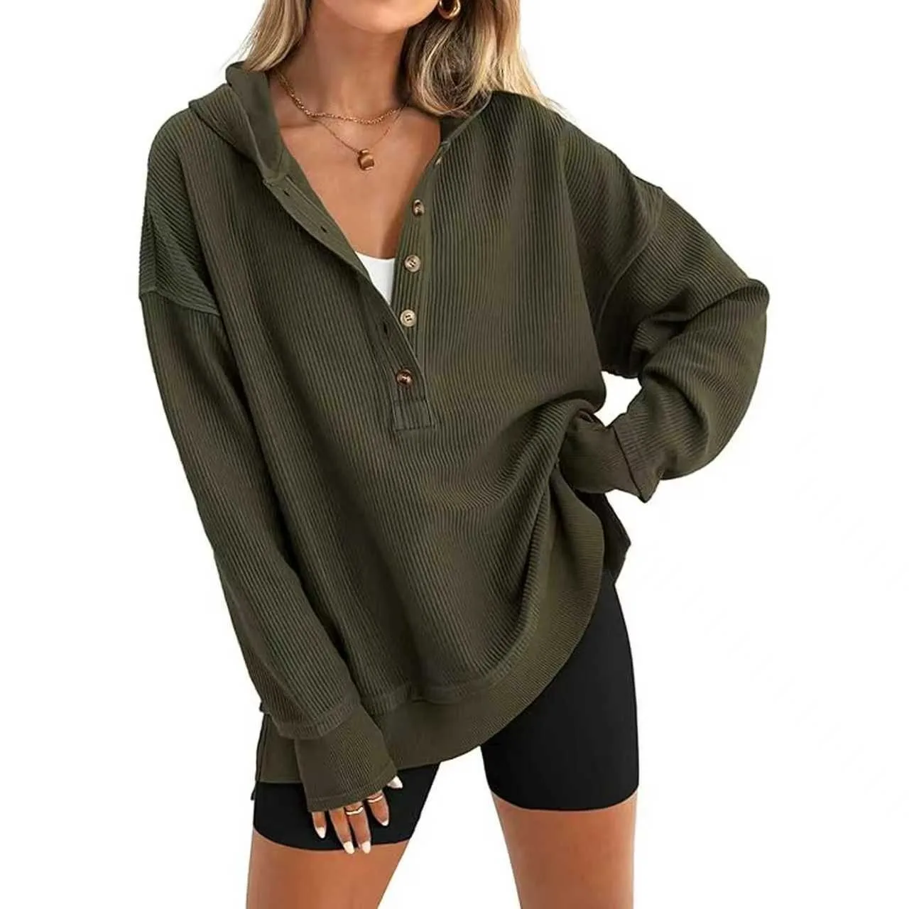 Women's Winter Clothing Loose Fit Drop Shoulder V Neck Long Sleeve Solid Macaron Color Casual Hoodie for Women and Girls