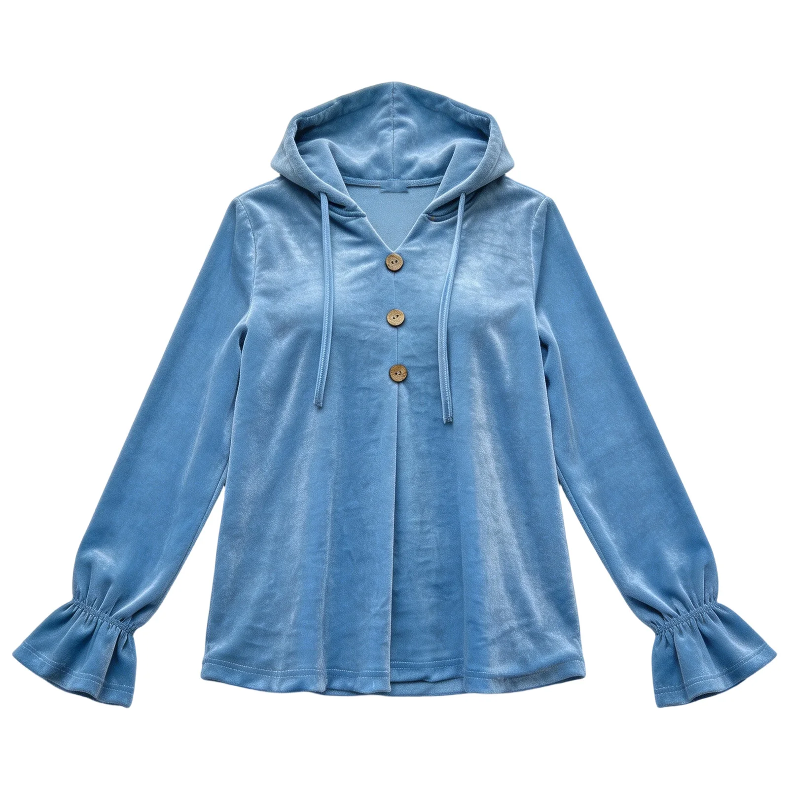 Women Hooded Sweatshirt V Neck Buttons Drawstring Long Sleeve With Pockets Hoodies Loose Pleated Curved Hem Autumn Sweatshirts
