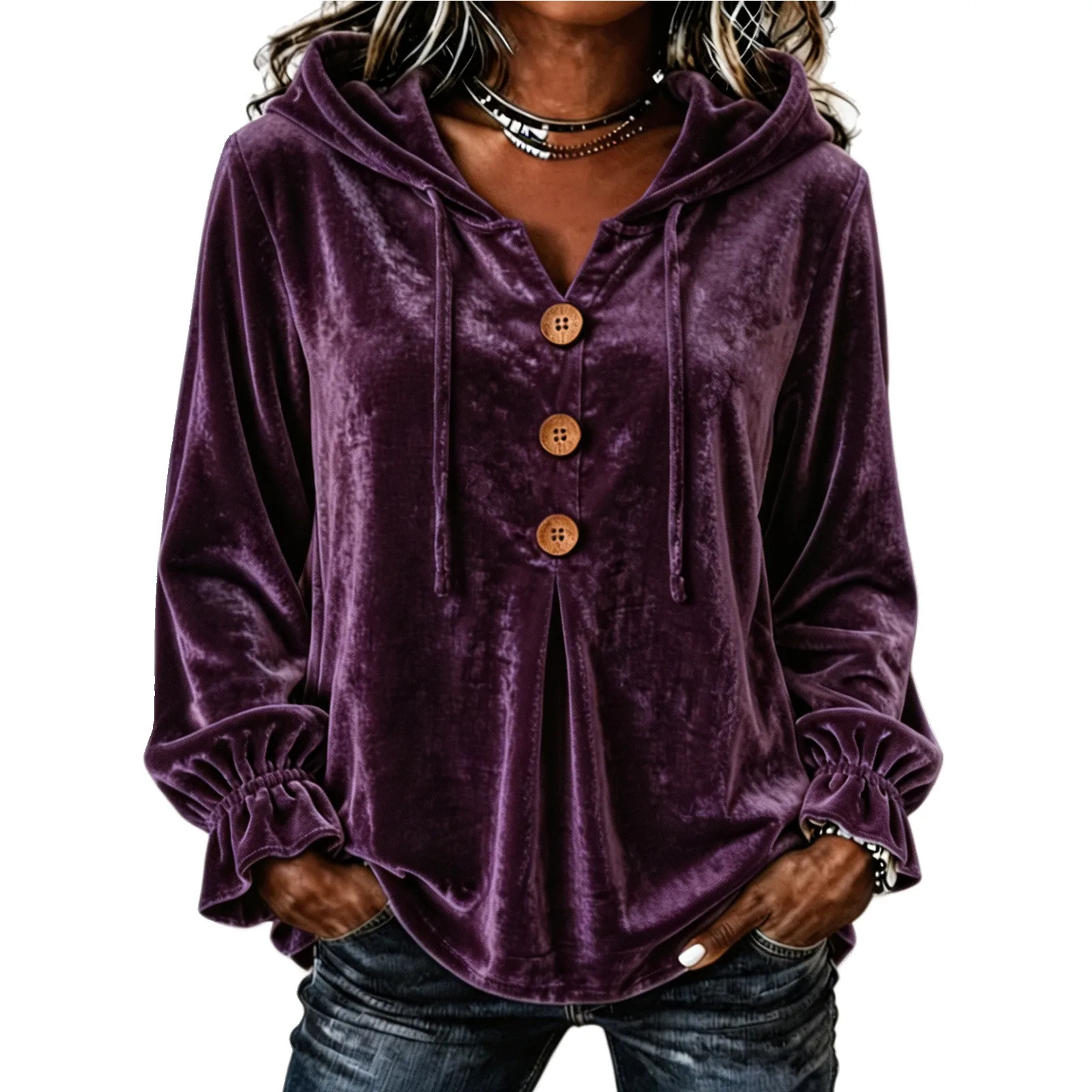 Women Hooded Sweatshirt V Neck Buttons Drawstring Long Sleeve With Pockets Hoodies Loose Pleated Curved Hem Autumn Sweatshirts