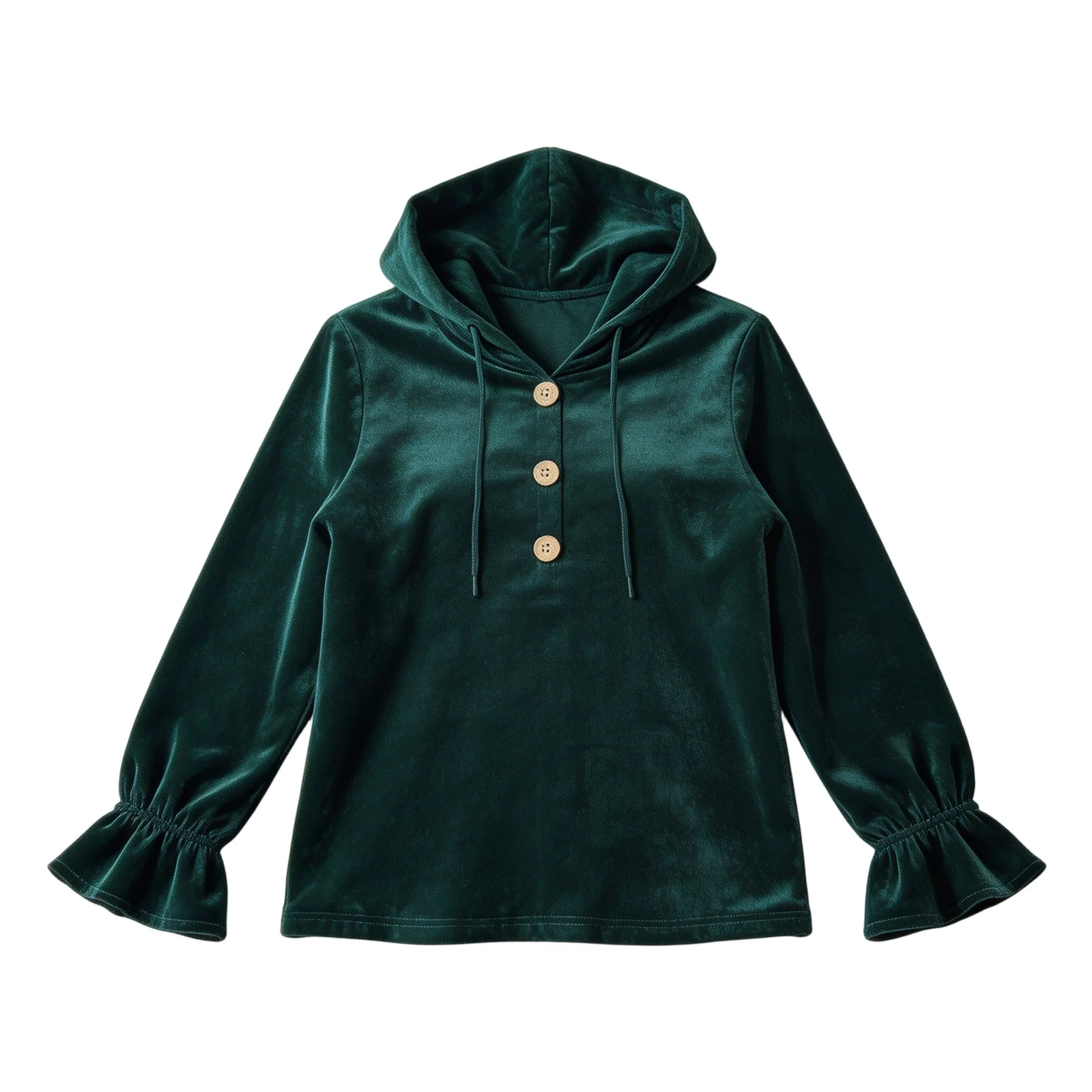 Women Hooded Sweatshirt V Neck Buttons Drawstring Long Sleeve With Pockets Hoodies Loose Pleated Curved Hem Autumn Sweatshirts