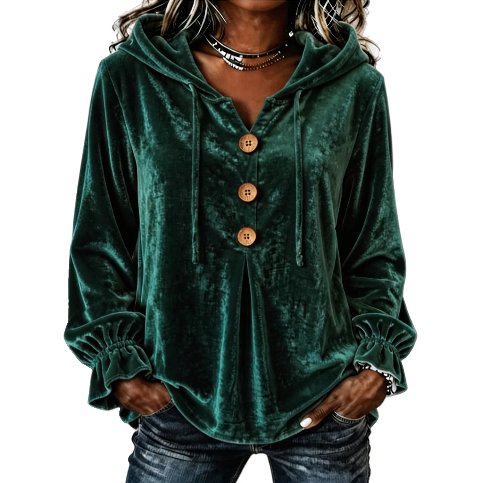 Women Hooded Sweatshirt V Neck Buttons Drawstring Long Sleeve With Pockets Hoodies Loose Pleated Curved Hem Autumn Sweatshirts
