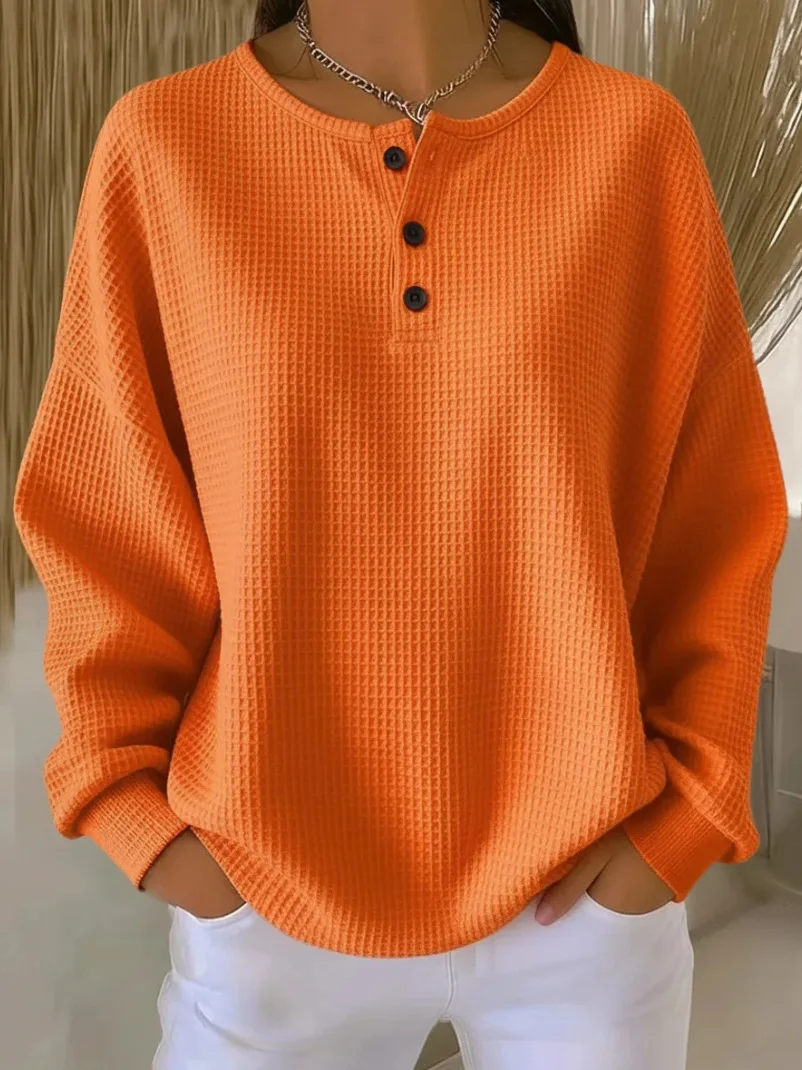 Hoodies women 2026 casual fashion round-neck Waffle autumn/Winter new solid color pullover loose top women's clothing
