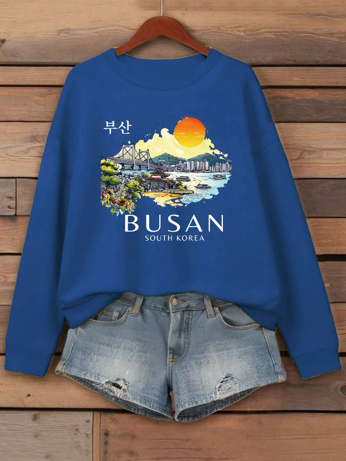 Busan South Korea Printing Women Sweatshirt Fleece Comfortable Pullovers Autumn O-Neck Streetwear Loose Casual Woman Clothes
