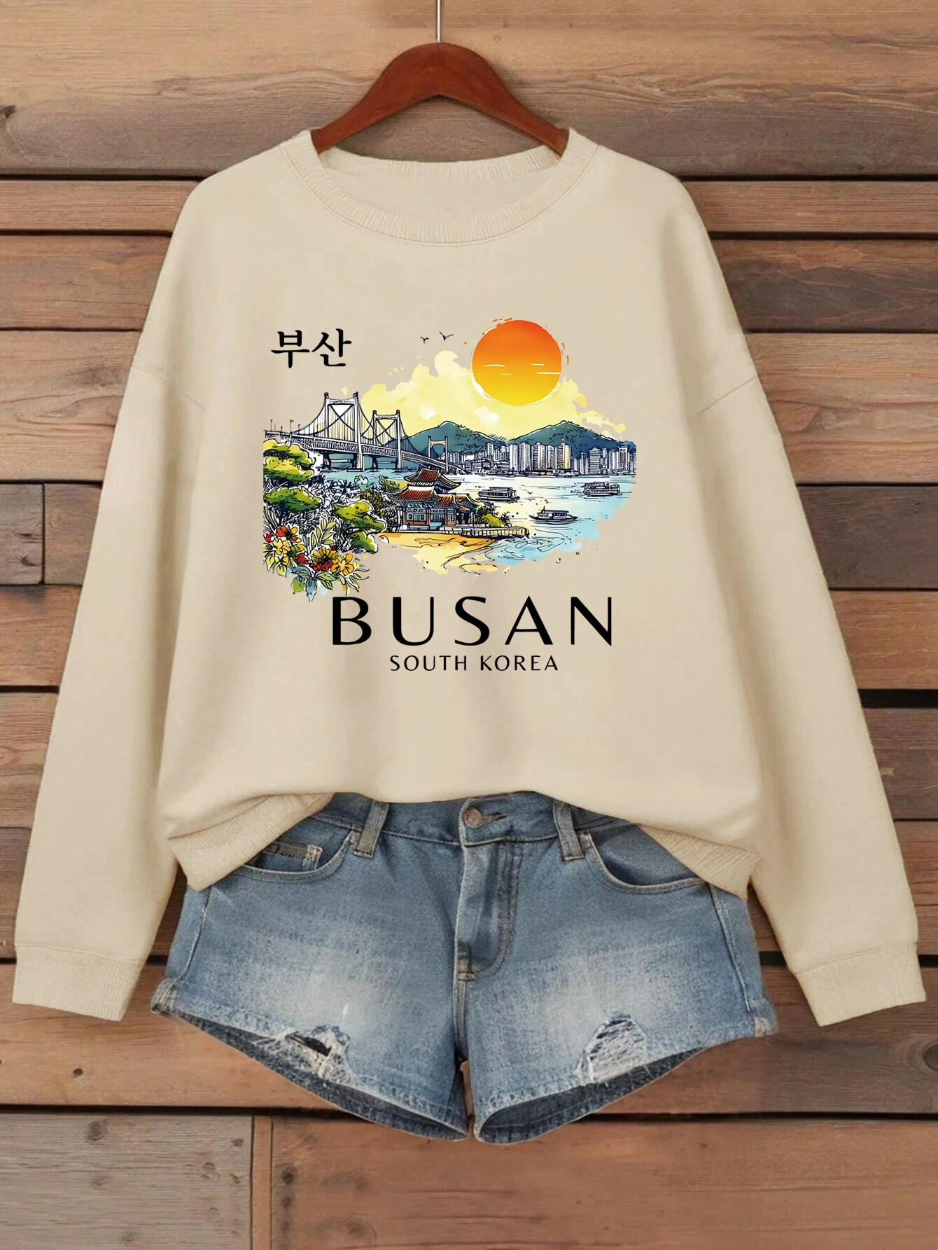 Busan South Korea Printing Women Sweatshirt Fleece Comfortable Pullovers Autumn O-Neck Streetwear Loose Casual Woman Clothes