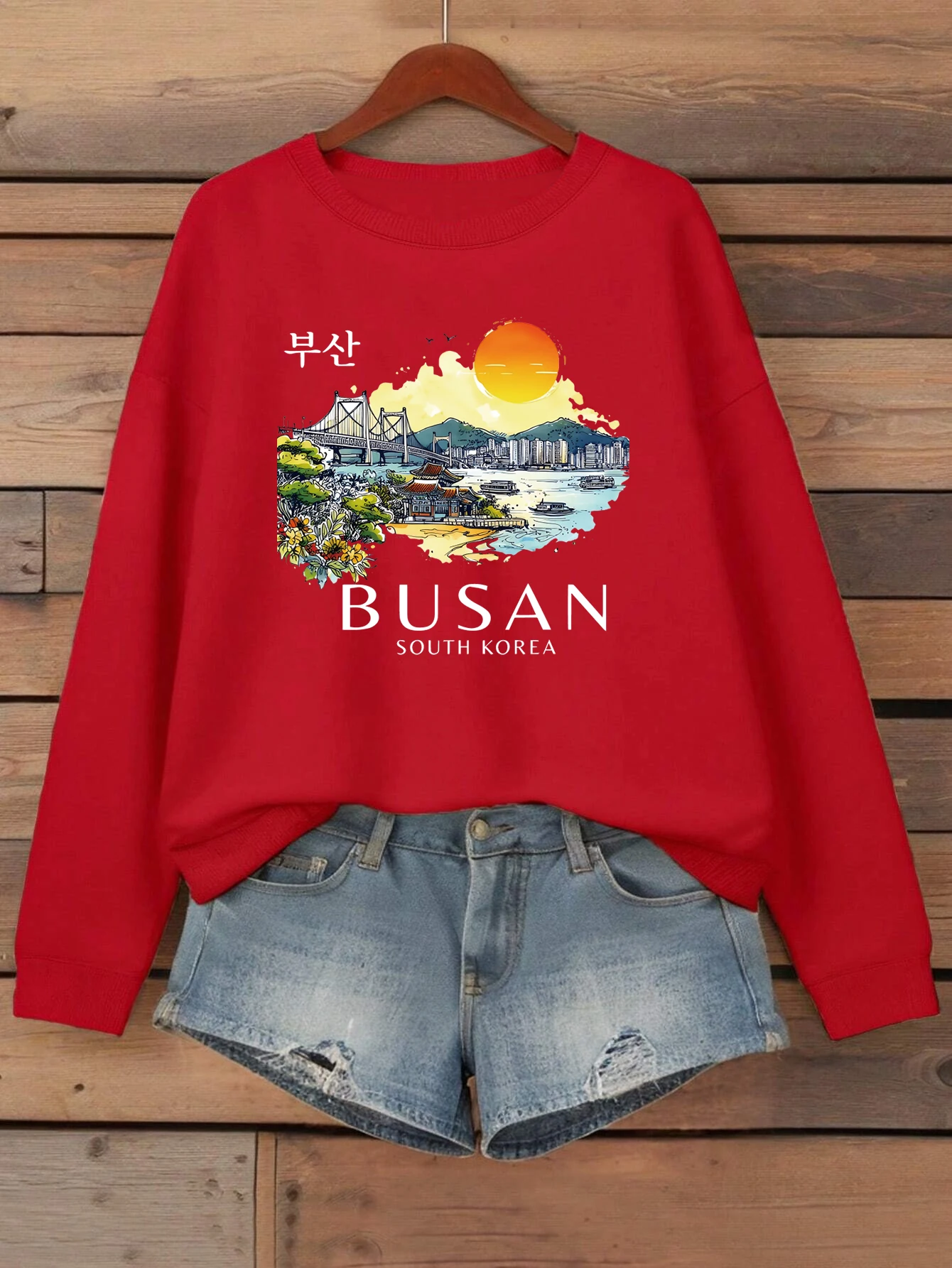 Busan South Korea Printing Women Sweatshirt Fleece Comfortable Pullovers Autumn O-Neck Streetwear Loose Casual Woman Clothes