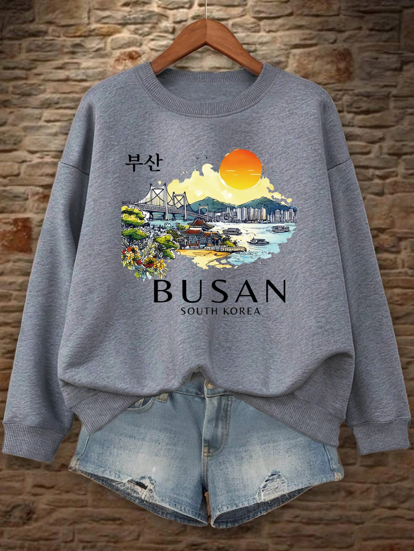 Busan South Korea Printing Women Sweatshirt Fleece Comfortable Pullovers Autumn O-Neck Streetwear Loose Casual Woman Clothes
