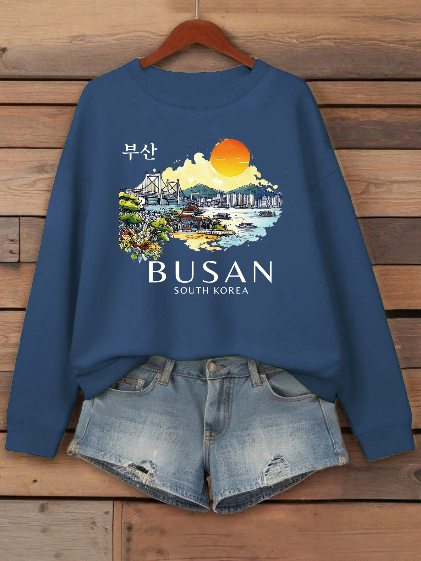 Busan South Korea Printing Women Sweatshirt Fleece Comfortable Pullovers Autumn O-Neck Streetwear Loose Casual Woman Clothes