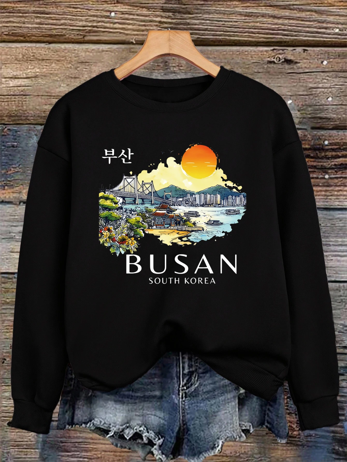 Busan South Korea Printing Women Sweatshirt Fleece Comfortable Pullovers Autumn O-Neck Streetwear Loose Casual Woman Clothes