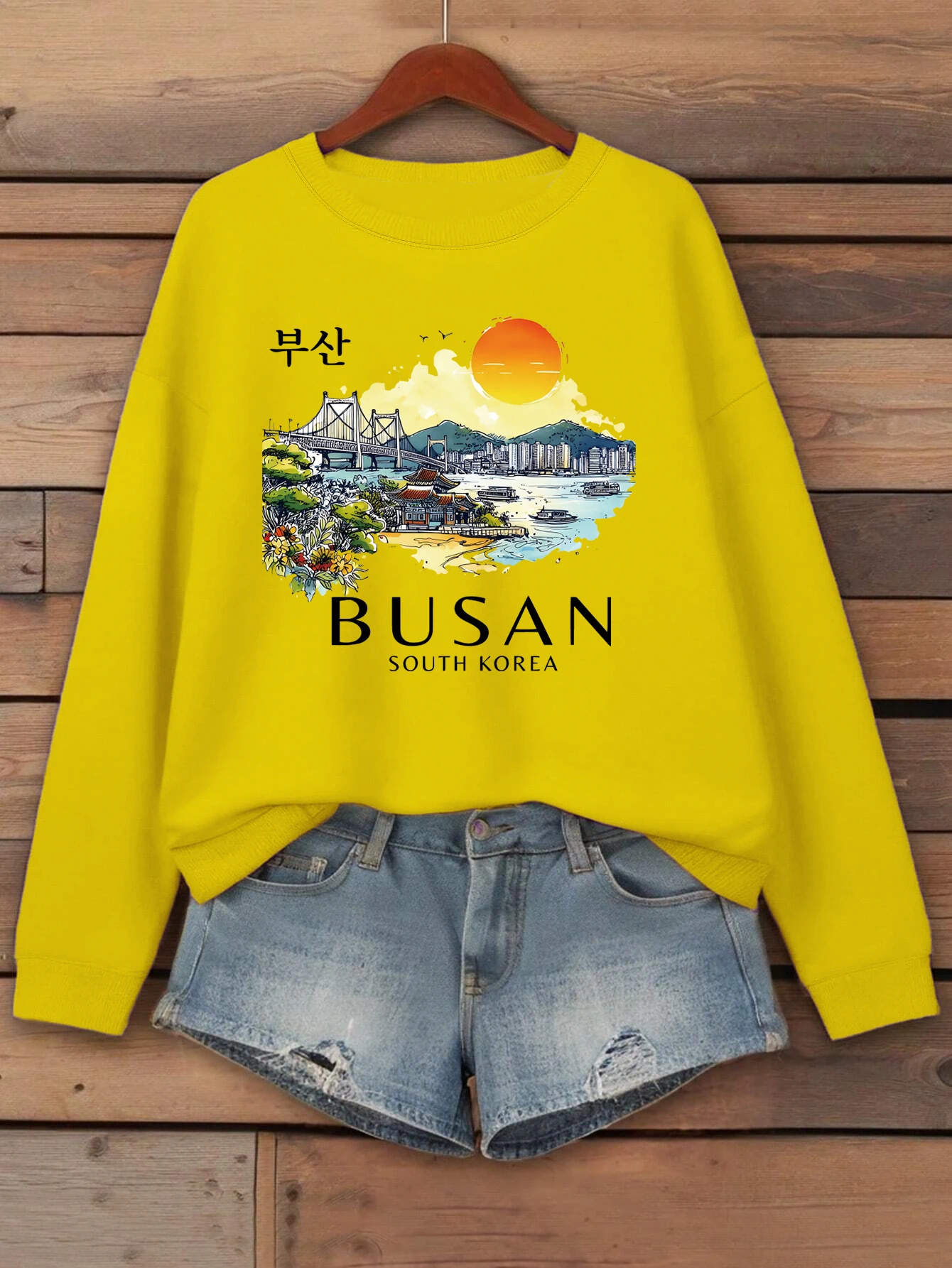 Busan South Korea Printing Women Sweatshirt Fleece Comfortable Pullovers Autumn O-Neck Streetwear Loose Casual Woman Clothes